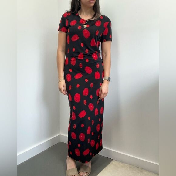 Vintage 90’s Black & Red Fruit Print Short Sleeve Body Con Maxi Slip Dress M - Picture 1 of 7